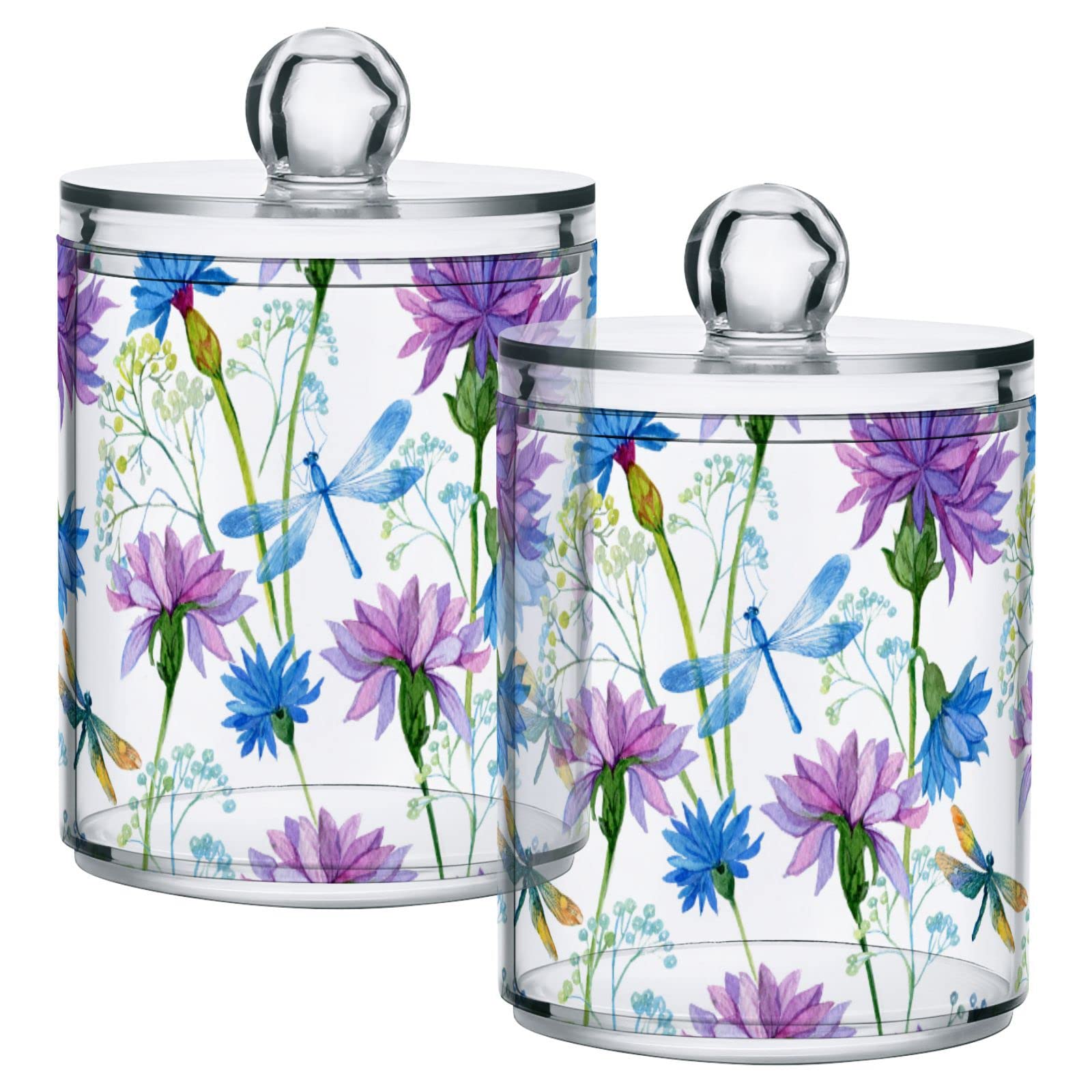 4 Pack Qtip Dispenser Apothecary Jars Bathroom Organizer, Watercolor Blue Flowers Dragonflies Qtip Holder Storage Canister Plastic Acrylic Jar for Cotton Ball/Swab/Rounds