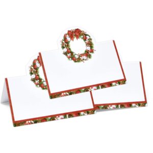 Gift Boutique 100 Pack Christmas Place Cards Holiday Seating Name Card Die Cut Xmas Wreath Table Setting Folded Paper Tent Cards for Dinner Wedding Tables Placement Party Decorations 2" x 3.5"