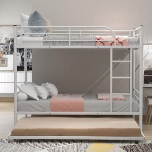 LostCat Twin Over Twin Bunk Bed with Trundle,Heavy Duty Twin Size Bunk Beds Frame with Safety Guardrails and ladders for Kids/Teen/Adults,No Box Spring Needed,White