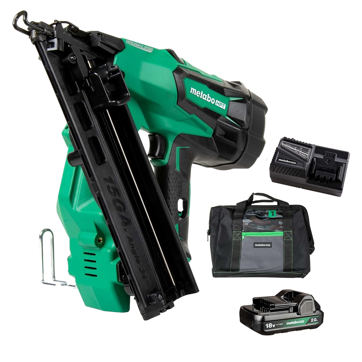 Metabo HPT 18V MultiVolt™ Angled Cordless Finish Nailer Kit, 15 Gauge, 1-1/4" up to 2-1/2" Angled Finish Nails, (1) 18V 2.0Ah Lithium Ion Battery, Charger, Bag, Lifetime Tool Warranty, NT1865DMAST