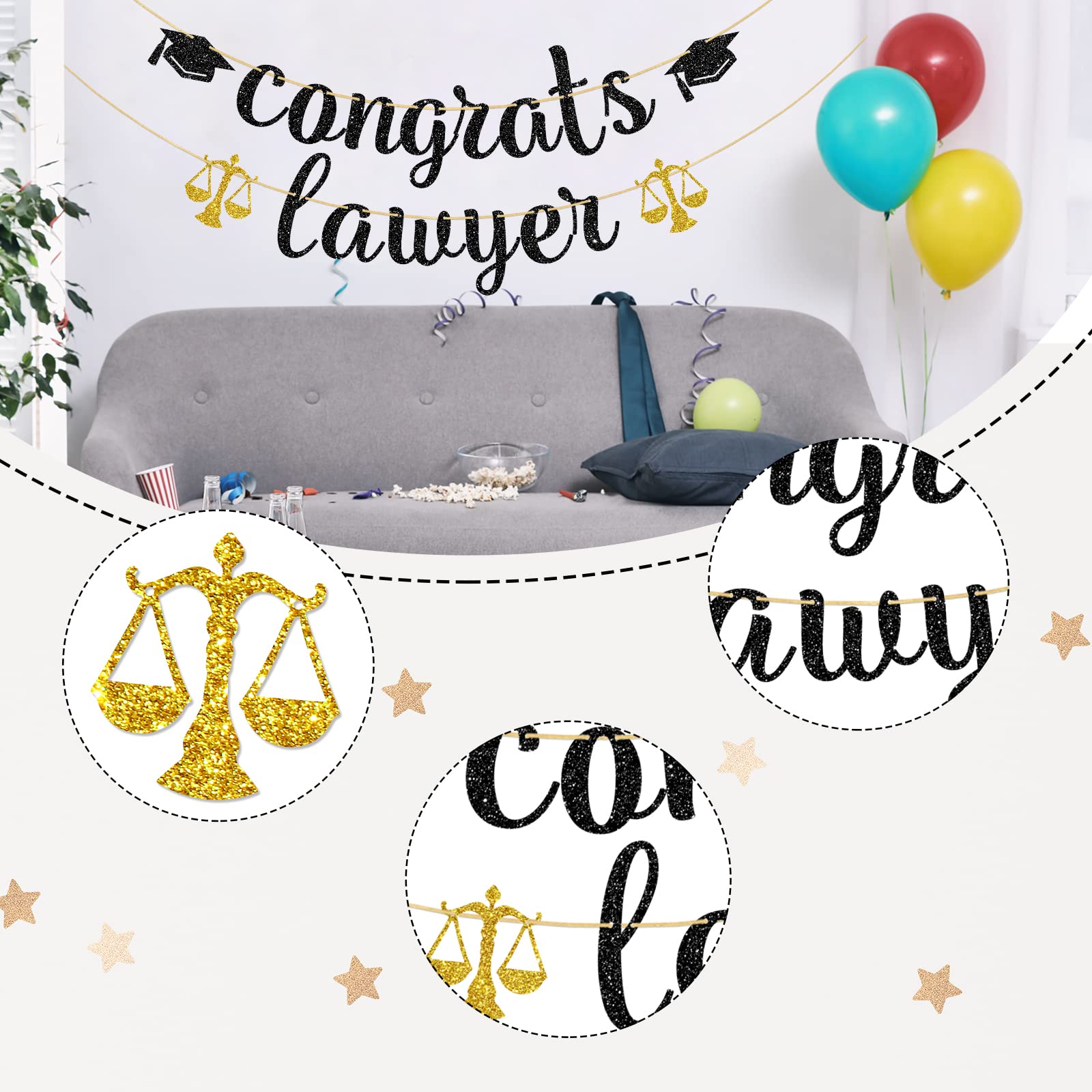 Ambishi Black Glitter Congrats Lawyer Banner, Congrats Law Grad Sign, Class of 2024 Graduation Bunting Decor, Lawyer Up Future Lawyer Garland for Law School Survivor