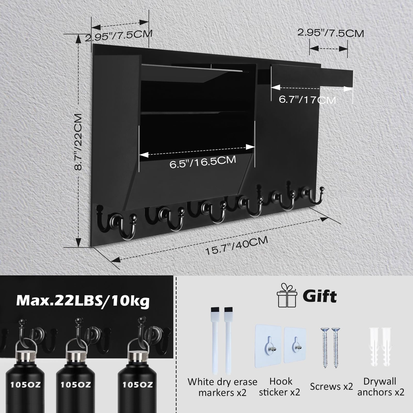 MAKUANG Key and Mail Holder for Wall, Hanging Acrylic Mail Organizer Wall Mount with Whiteboard Shelf Key Hooks, Entryway Decorative Letter Holder Adhesive Key Hanger Rack, White