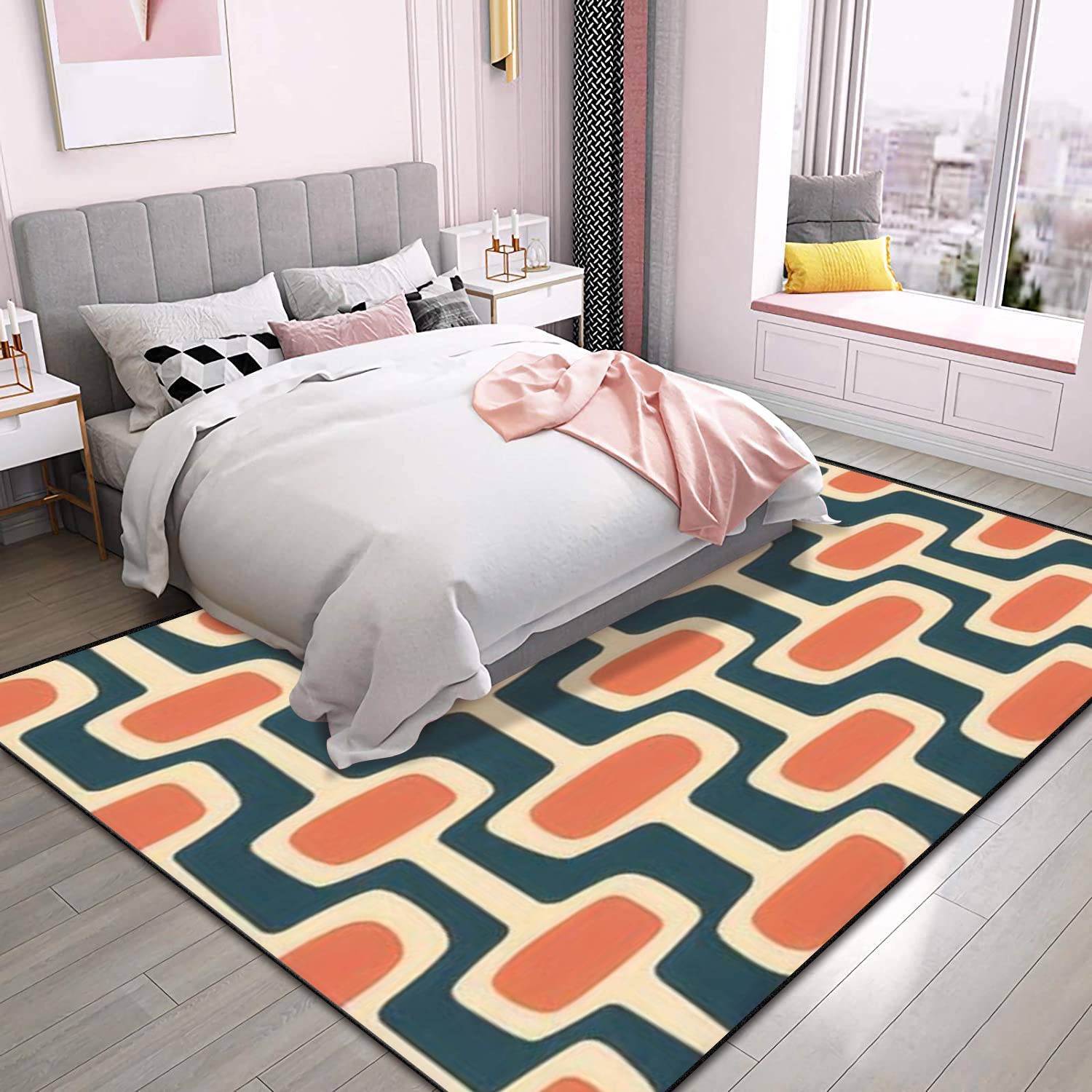 PeeNoke Mid Century Modern Atomic Age Blue Orange Cream Ideal for Fabric Area Rug Outdoor Patio Rug Play Mat Modern Floor Carpet Non-Slip Home Decor Living Room Kids Bedroom Nursery, 6x9 ft