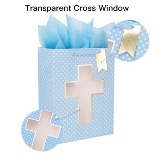 Loveinside Blue Gift Bag with Cross Design, Tissue Paper for Baby Boy Baptisms, Christenings, First Communions Religious Occasion- 10" x 5" x 13", 1 Pcs