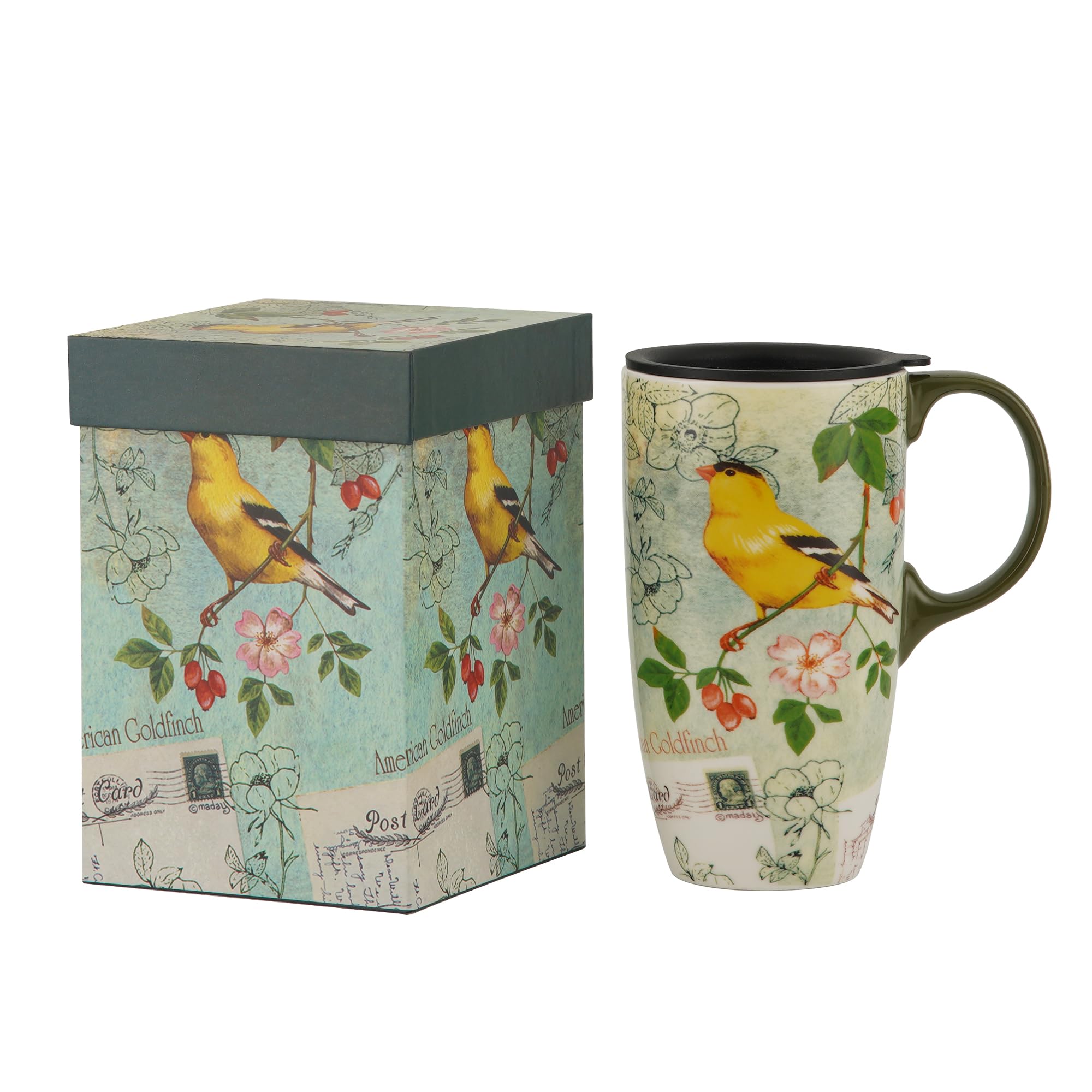 TZSSP Coffee Ceramic Mug Porcelain Latte Tea Cup Travel Mug With Lid 17oz,Song Bird