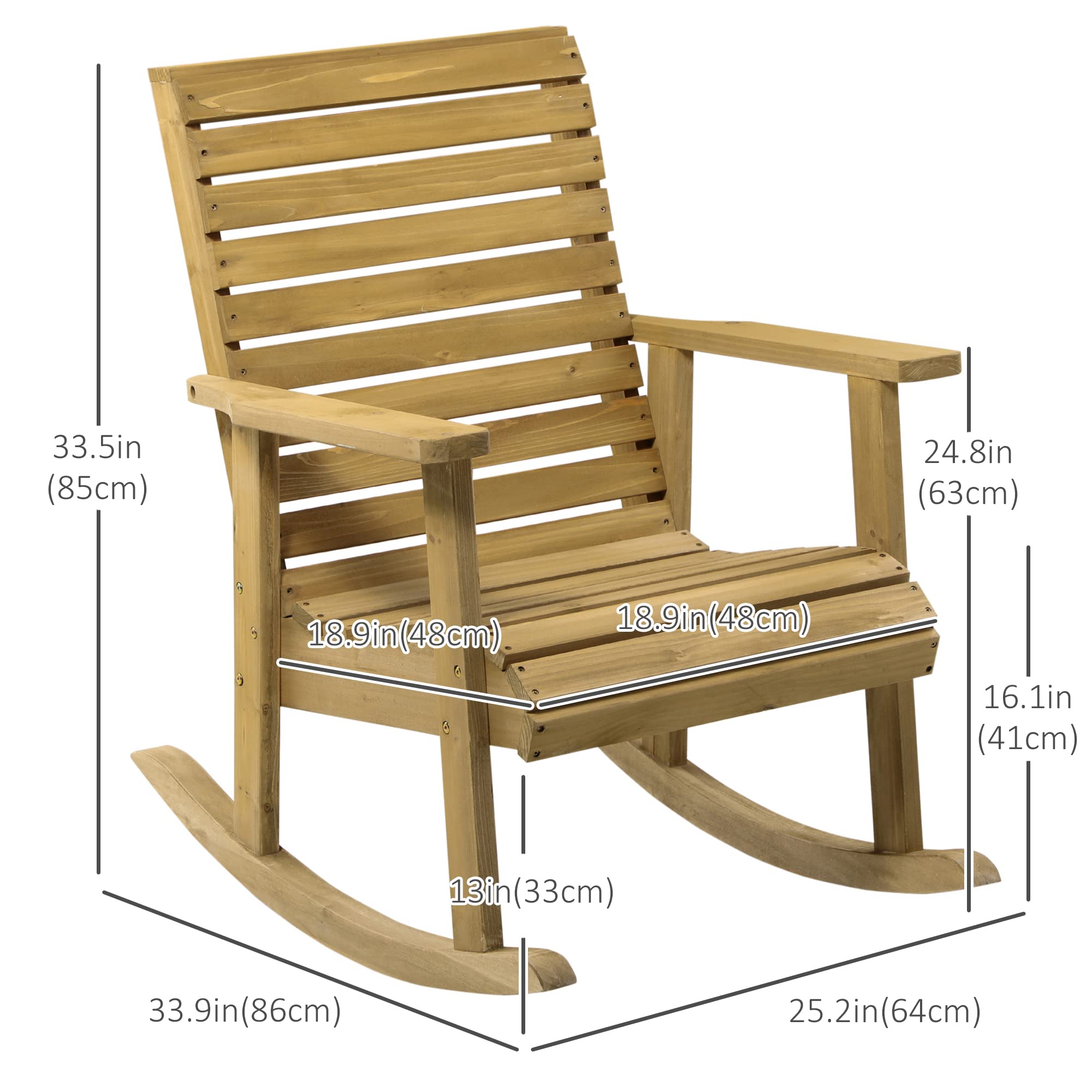 Outsunny Wooden Outdoor Rocking Chair, Traditional Slatted Wood Rocker Chair with Armrests and High Backrest for Indoor & Outdoor, Light Brown