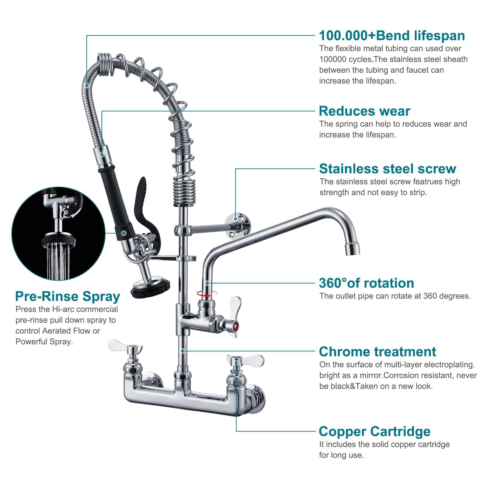 APLWY 25" Height Commercial Faucet with Sprayer, Commercial Sink Faucet 8" Adjustable Center 12" Swing Spout, Commercial Wall Mount Faucet with Pre-Rinse Sprayer for Restaurant Industrial (25In)