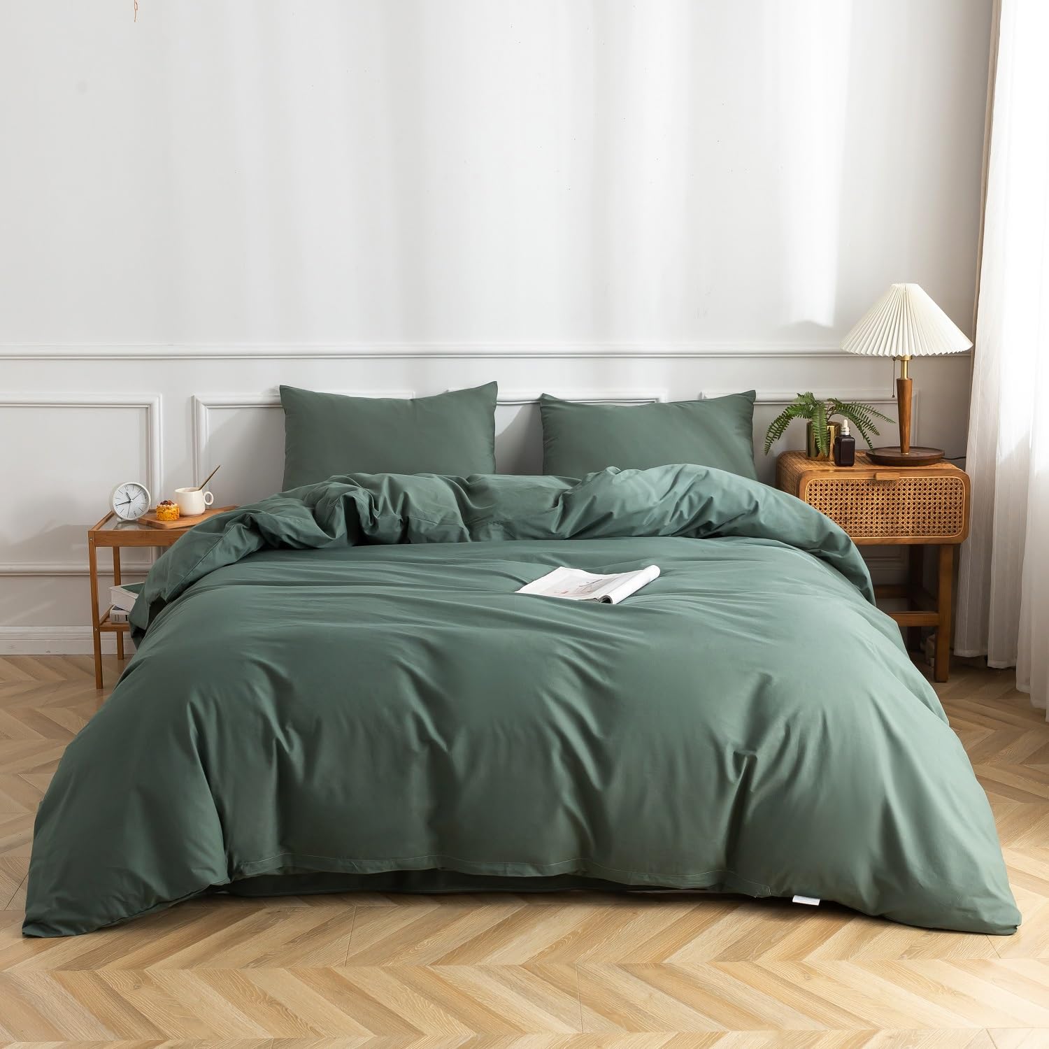 TazmKezm Green Duvet Cover 100% Washed Cotton Duvet Cover Set, 3 PCs Breathable Soft Bedding Set Linen Textured. Solid Color Pattern Duvet Cover King Size (No Comforter)