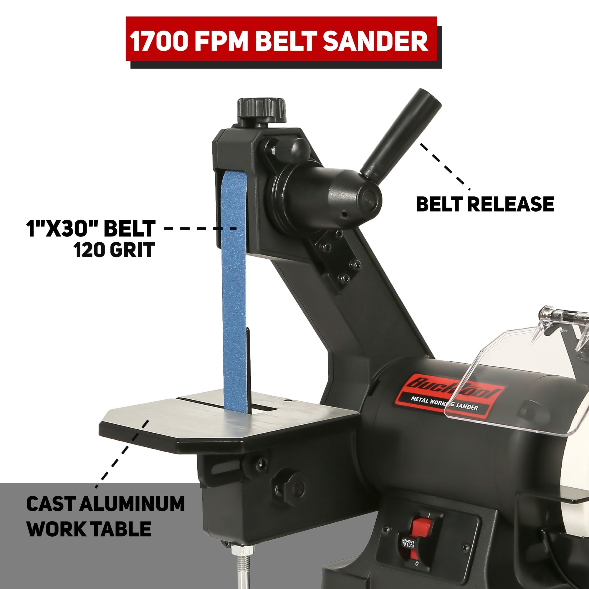 Bucktool Low Speed Bench Belt Grinder Combo, 2.1A 1x30 inch Belt & 6 inch Grinder, 1/3 HP Low Speed Bench Belt Disc Sander Combo for Knife Making, Sharpening, Woodworking, Metalworking