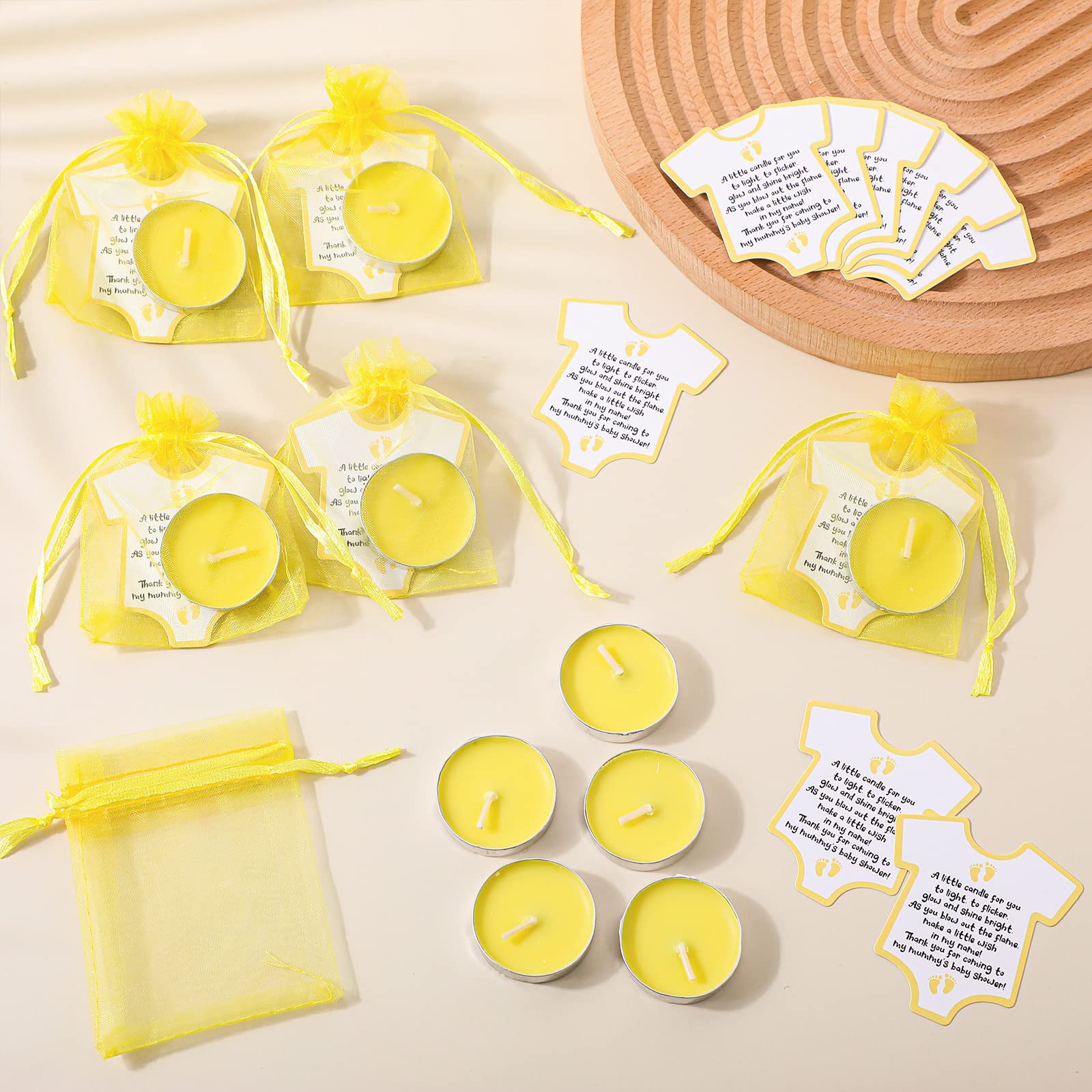 Roowest Candles Favors for Guests, 50 Sets Yellow Unscented Tea Light Candle Decorations with Thank You Cards Organza Bags for Girl Boy Baby Shower Gender Reveal Party Favors