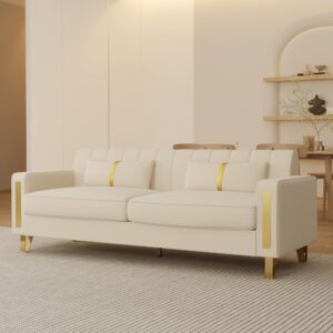 STORFENBOR Beige Sofa Couch, Velvet Modern Sofa for Living Room with Gold Metal Legs, Luxury Comfy Couch for Bedroom, Office, Large Small Space