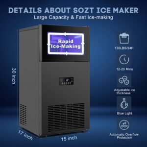 Upgraded Commercial Ice Maker 130LBS/24H with 35LBS Storage Bin, 15" Wide Frosted Black Undercounter/Freestanding Ice Maker Machine for Home Bar Outdoor, 45PCS Ice Cubes Ice Machine, Self Cleaning