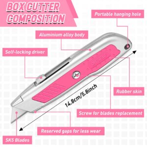 DIYSELF 2 Pack Box Cutter, Aluminum Utility Knife, Box Cutter Retractable, Sturdy Razor Knife for Cardboard, Boxes, Packages, Papers, Cartons, Box Cutter Knife, Navajas de Trabajo, Pink Knife