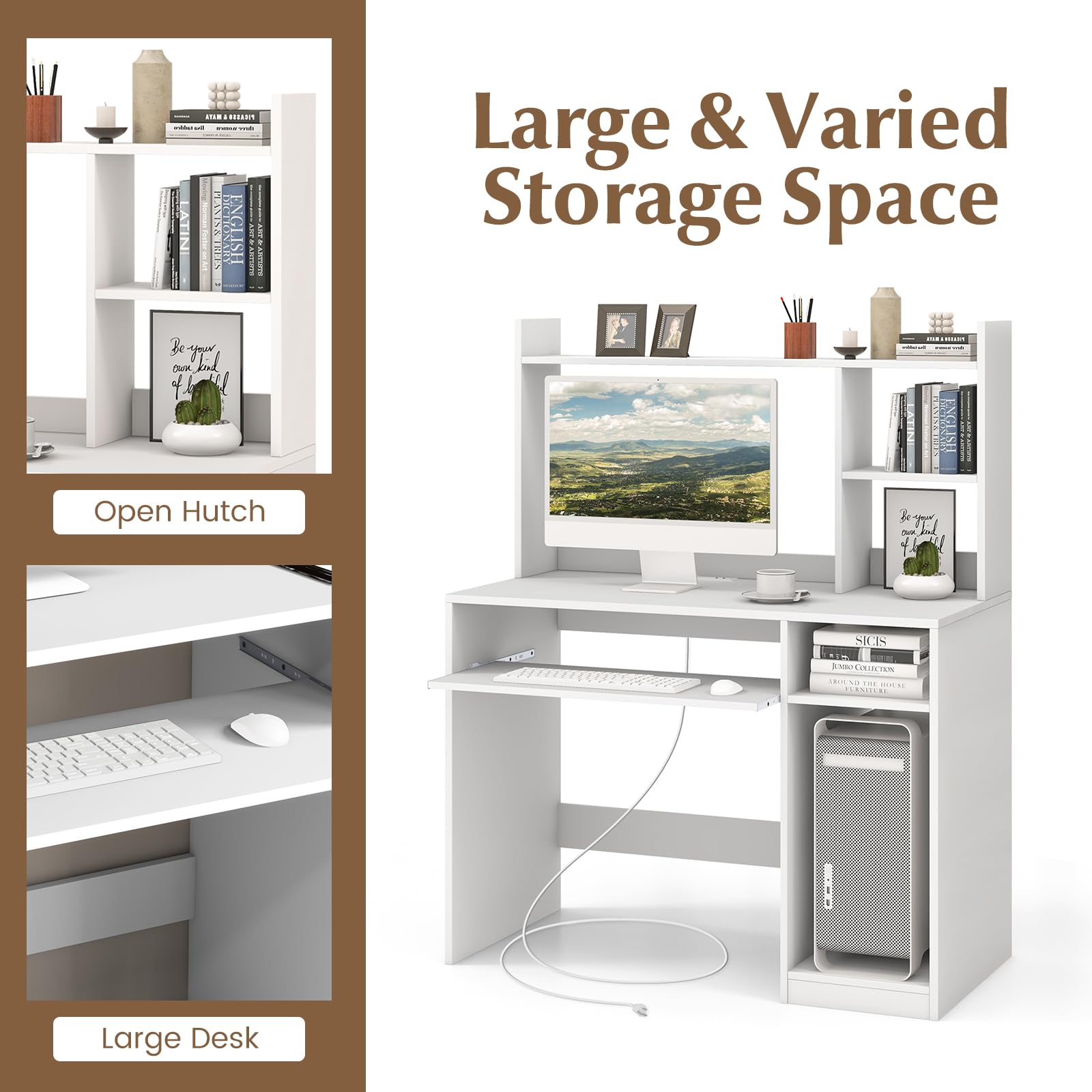 Tangkula White Desk with Hutch &Charging Station, Home Office Desk with Keyboard Tray & CPU Stand, Modern Laptop PC Desk, Space-Saving Writing Study Desk with Bookshelf, Ideal for Dorm Bedroom