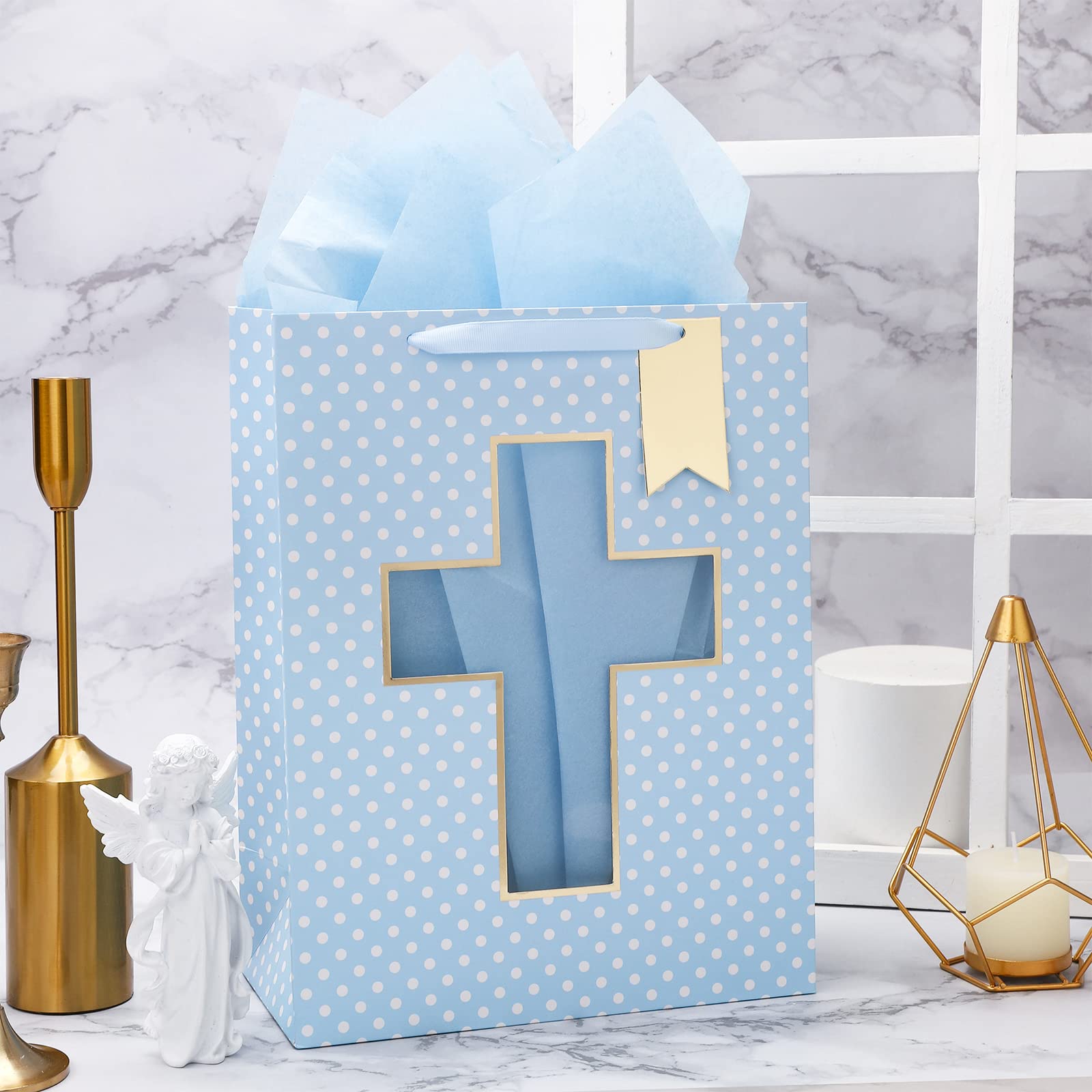 Loveinside Blue Gift Bag with Cross Design, Tissue Paper for Baby Boy Baptisms, Christenings, First Communions Religious Occasion- 10" x 5" x 13", 1 Pcs