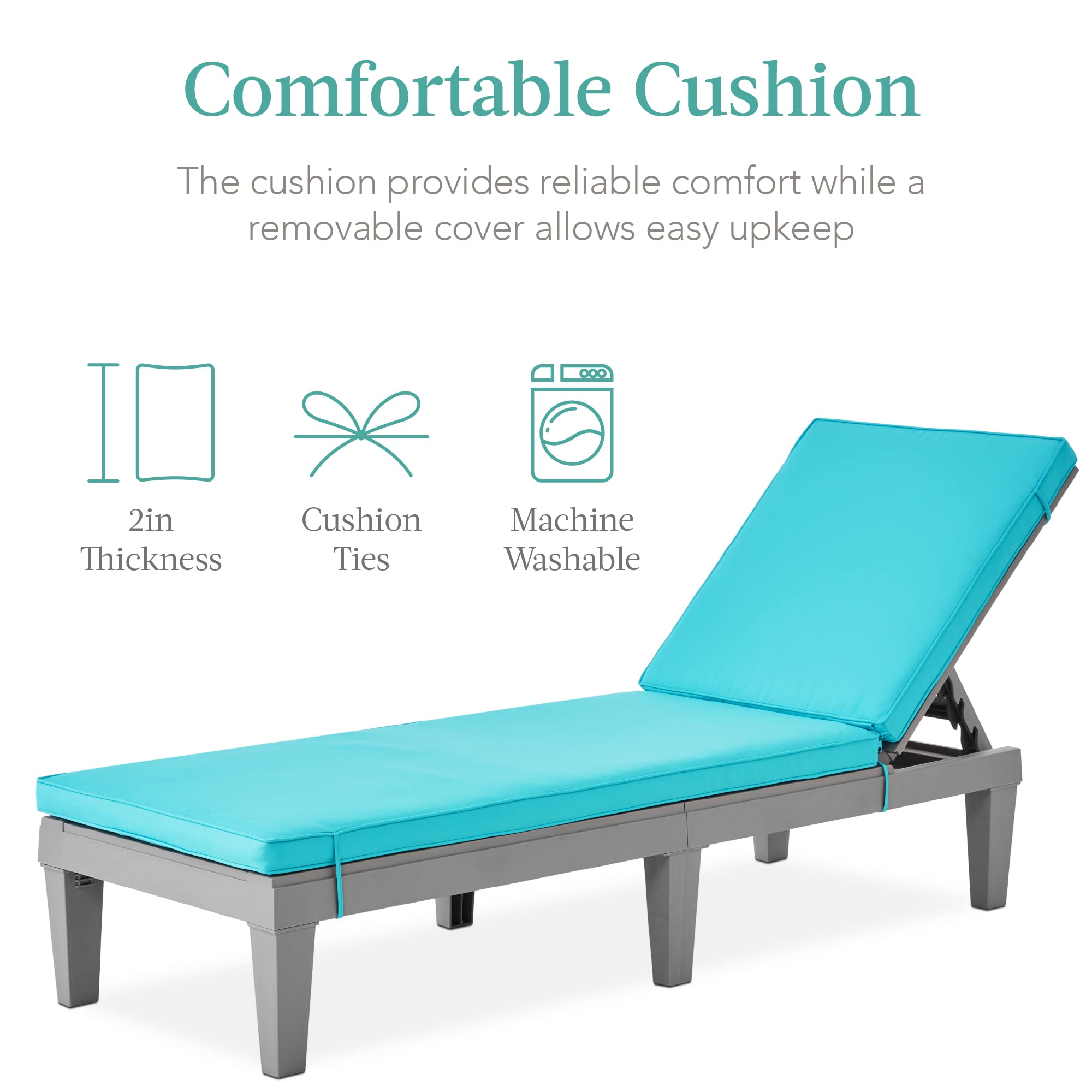 Best Choice Products Outdoor Lounge Chair, Resin Patio Chaise Lounger for Poolside, Backyard, Porch w/Seat Cushion, Adjustable Backrest, 5 Positions, 330lb Capacity - Gray/Teal