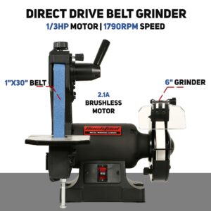 Bucktool Low Speed Bench Belt Grinder Combo, 2.1A 1x30 inch Belt & 6 inch Grinder, 1/3 HP Low Speed Bench Belt Disc Sander Combo for Knife Making, Sharpening, Woodworking, Metalworking