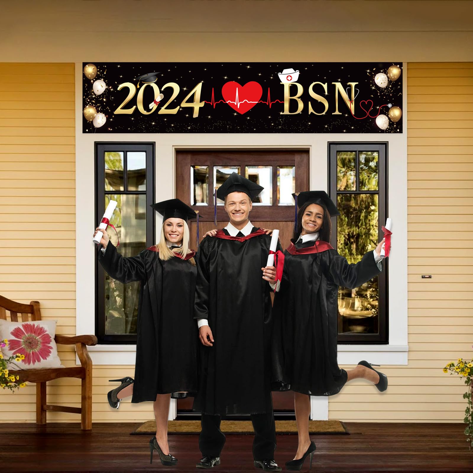 Kimini-Ki Large 2024 BSN Banner - Congrats Nurse Banner, 2024 Nurse Graduation Party Decorations, RN/Medical School Nursing Graduation Party Indoor Outdoor Decorations (Black and Gold)