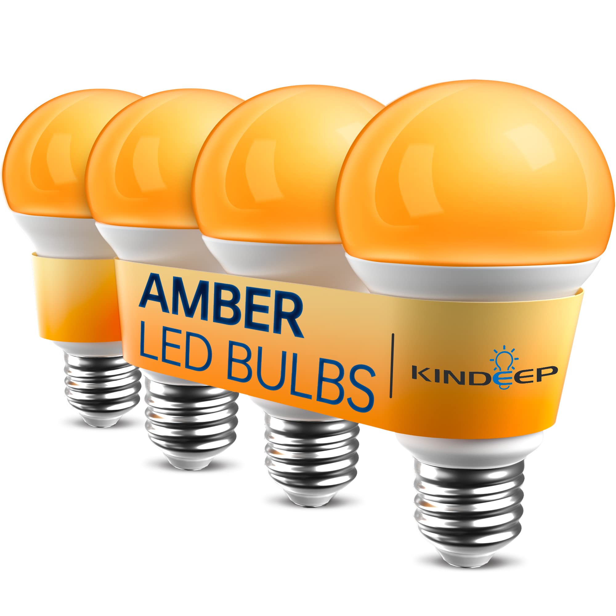 KINDEEP Amber Light Bulbs, 9W Amber Yellow LED Light Bulb, 2000K Soft Warm Light Bulbs, Bug Light Bulbs, 60W Equivalent, E26, for Bedroom, Nursery Room, Porch, Outdoor, Non-Dimmable, 4 Pack