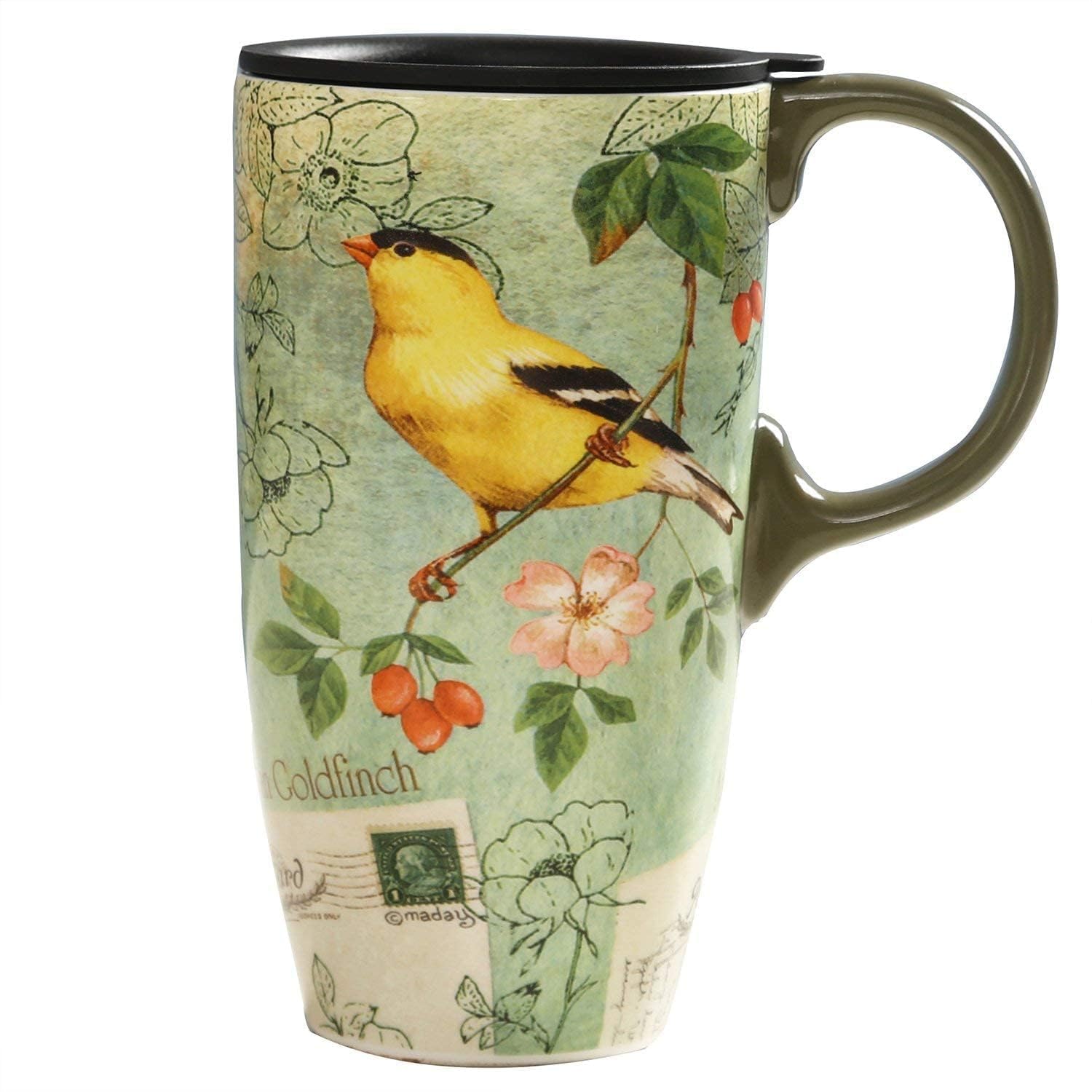 TZSSP Coffee Ceramic Mug Porcelain Latte Tea Cup Travel Mug With Lid 17oz,Song Bird