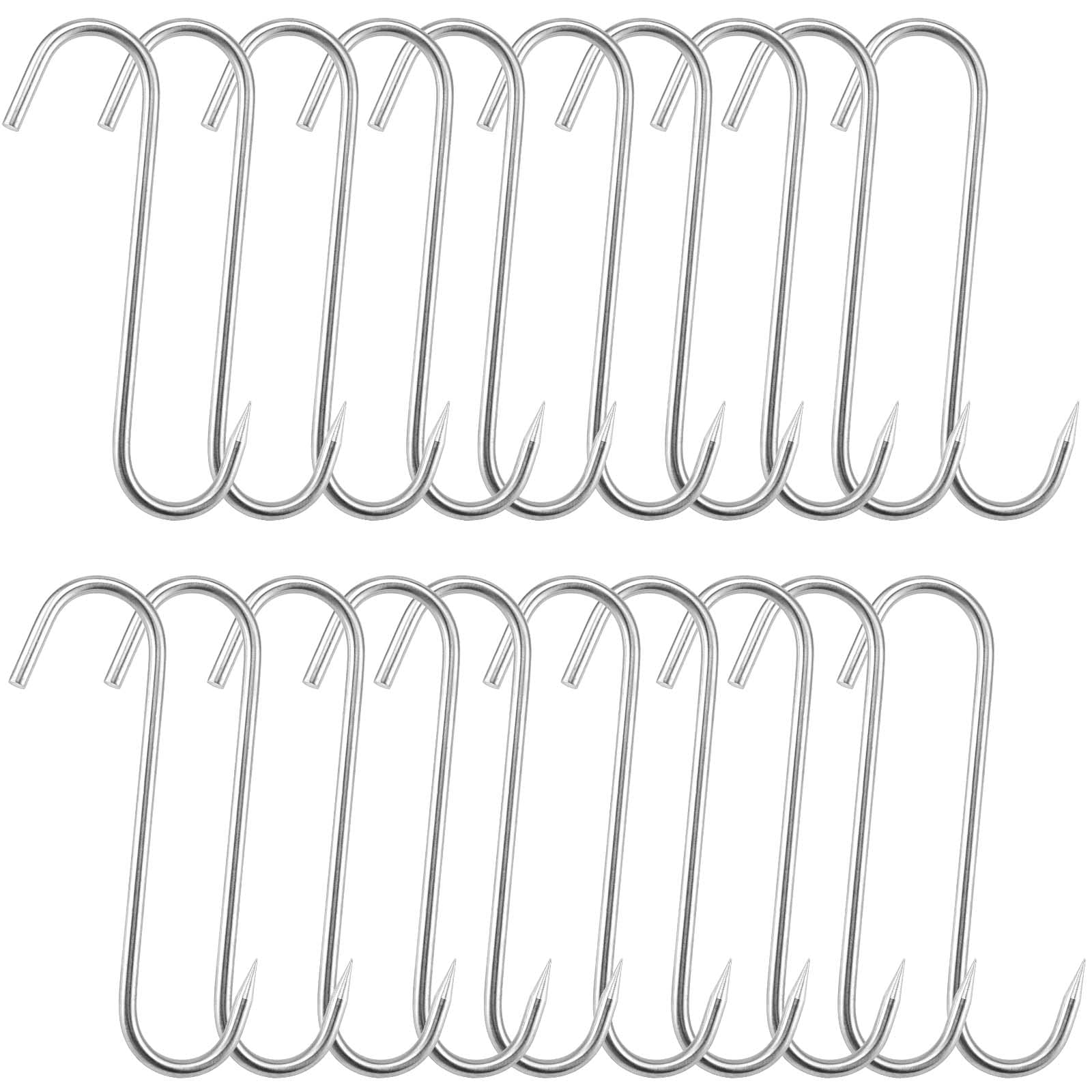 JAPCHET 20 Pack 9 Inch Meat Hooks, 8mm Thick Heavy Duty Meat Hooks, Stainless Steel Butcher Hooks Meat Processing Hook for Hanging, Butchering and Smoking, Silver