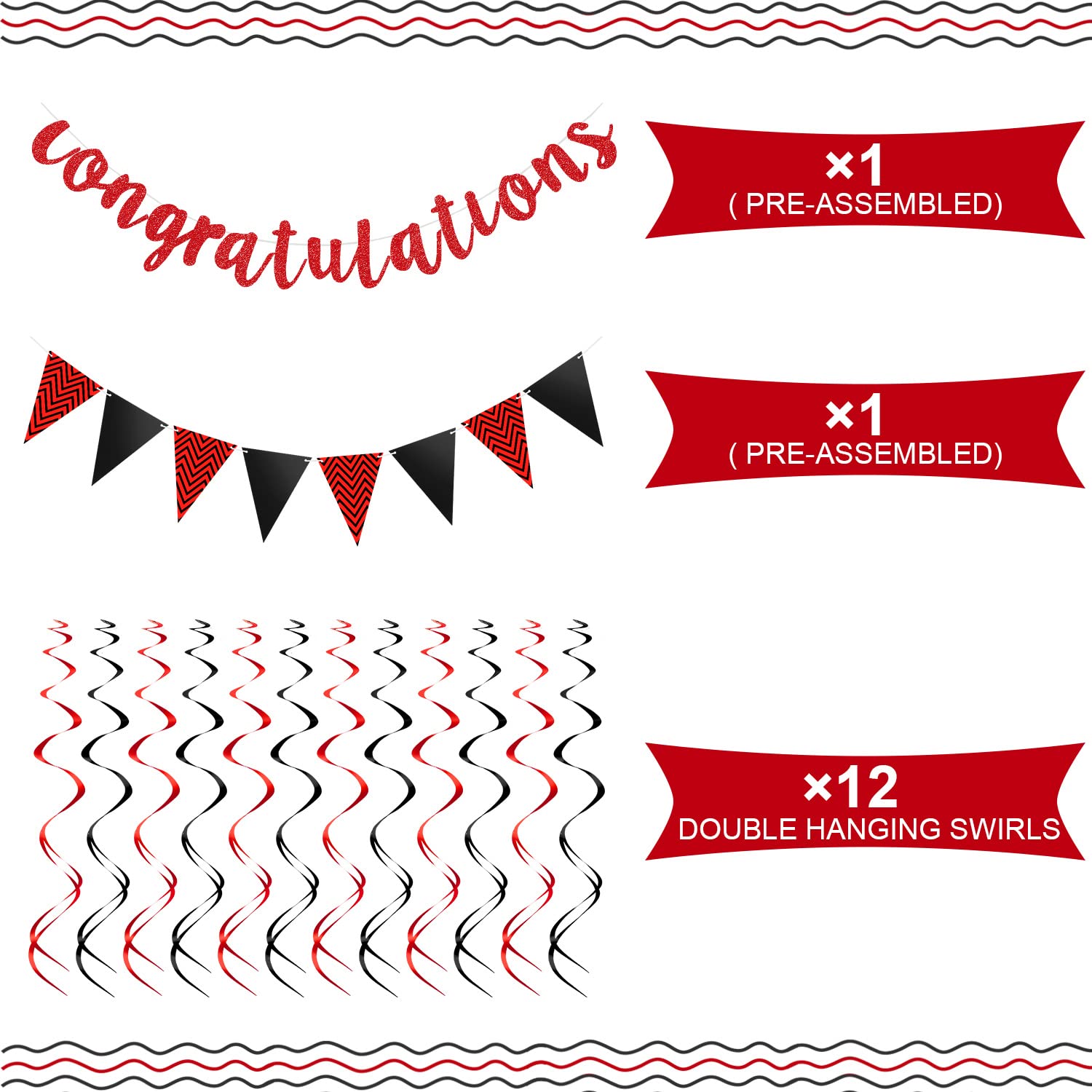 Glitter Congratulations Banner Triangle Flag Banner with 12 Pieces Hanging Swirls for Wedding Retirement Graduation Anniversary Party Decorations (Black, Red)