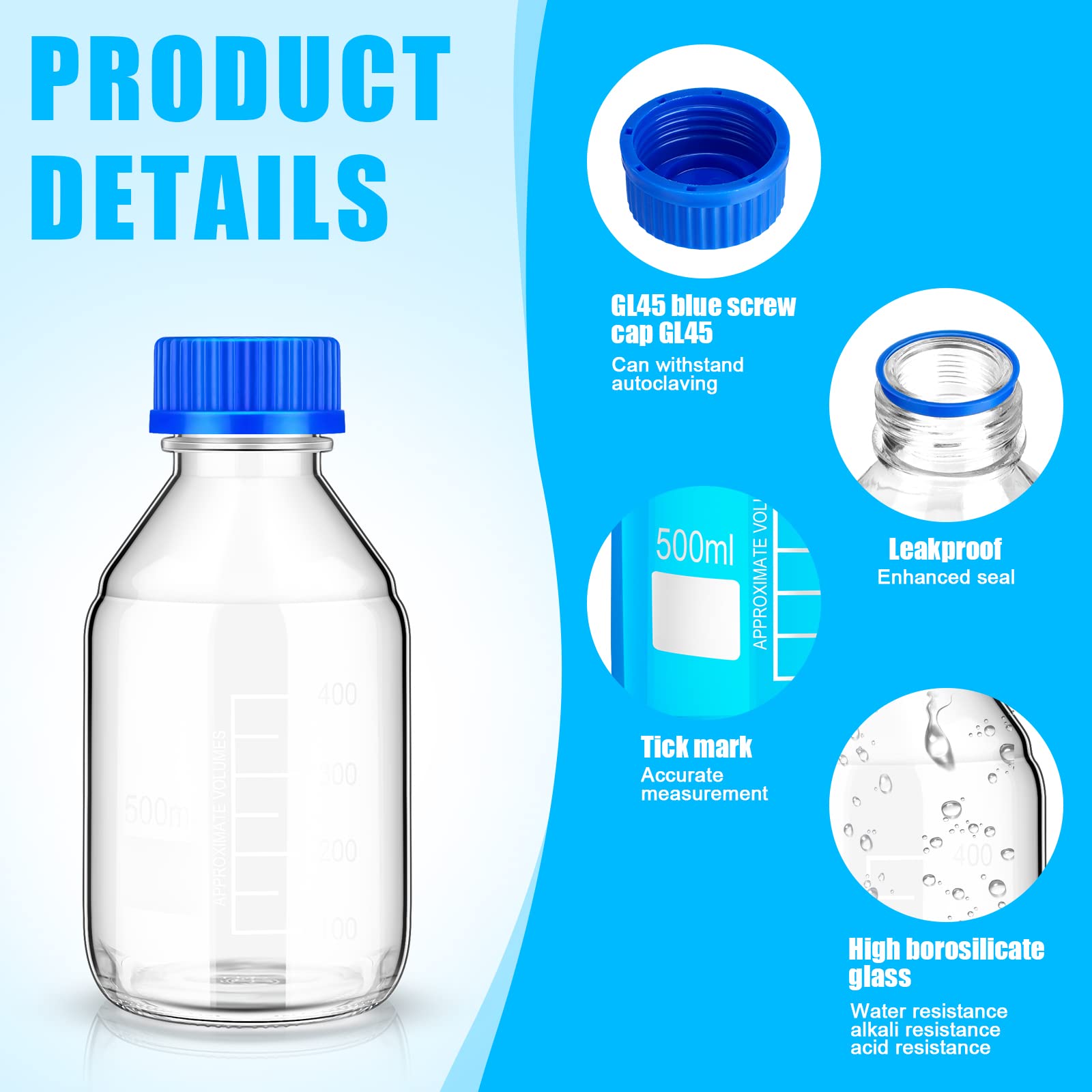 Irenare 8 Pieces Media Storage Bottles Borosilicate Storage Glass Bottle Scientific Round Graduated Media Bottle with Blue GL45 Screw Cap for Lab Water Reagent Liquids (500 ml)