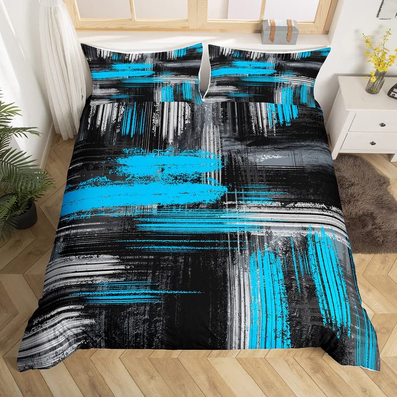 Feelyou Blue Black and Grey Comforter Cover Geometric Artistic Smear Bedding Set Abstract Graffiti Art Duvet Cover Contemporary Modern Brush Design Room Decor Bedclothes Twin Size (No Comforter)