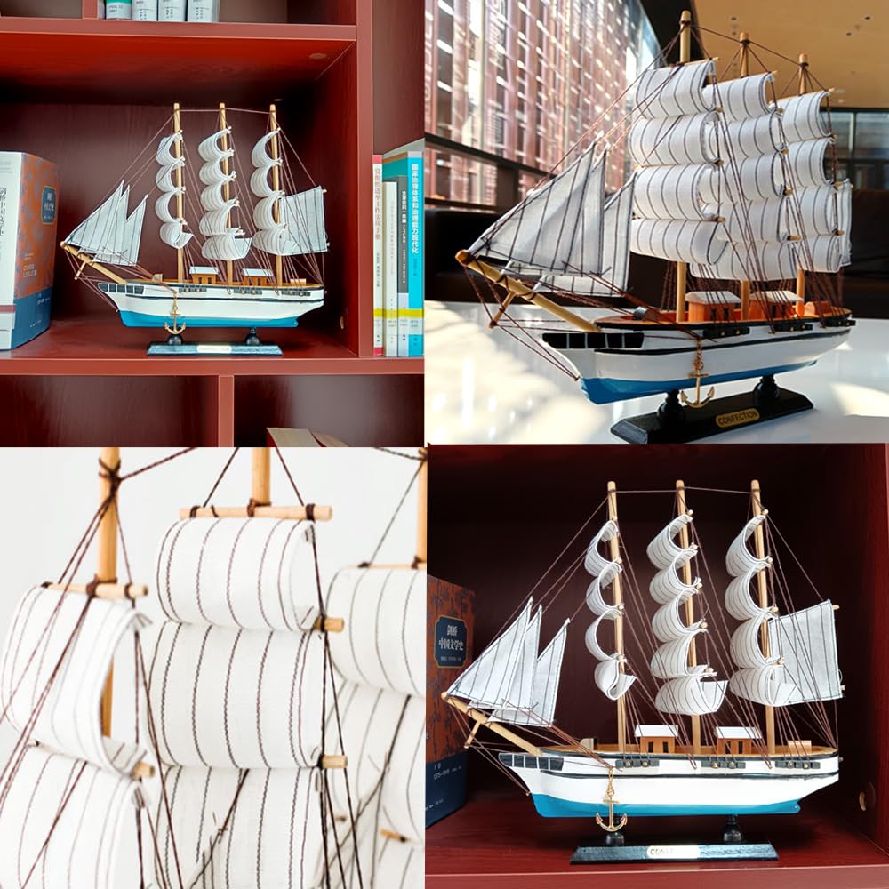 Smooth sailing boat model Mediterranean sailing boat wooden sailing boat furniture decoration room decoration (main white)