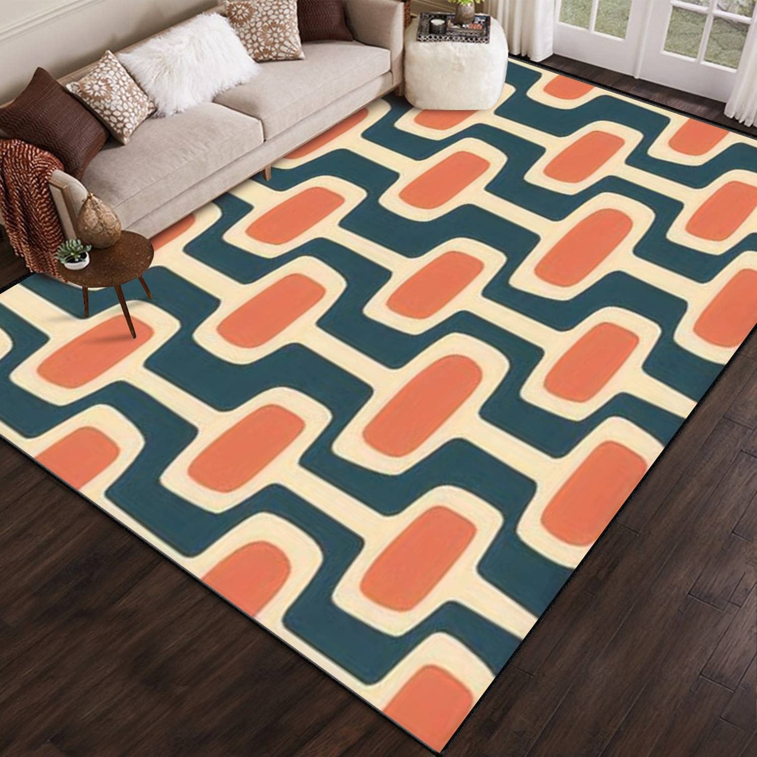 PeeNoke Mid Century Modern Atomic Age Blue Orange Cream Ideal for Fabric Area Rug Outdoor Patio Rug Play Mat Modern Floor Carpet Non-Slip Home Decor Living Room Kids Bedroom Nursery, 6x9 ft