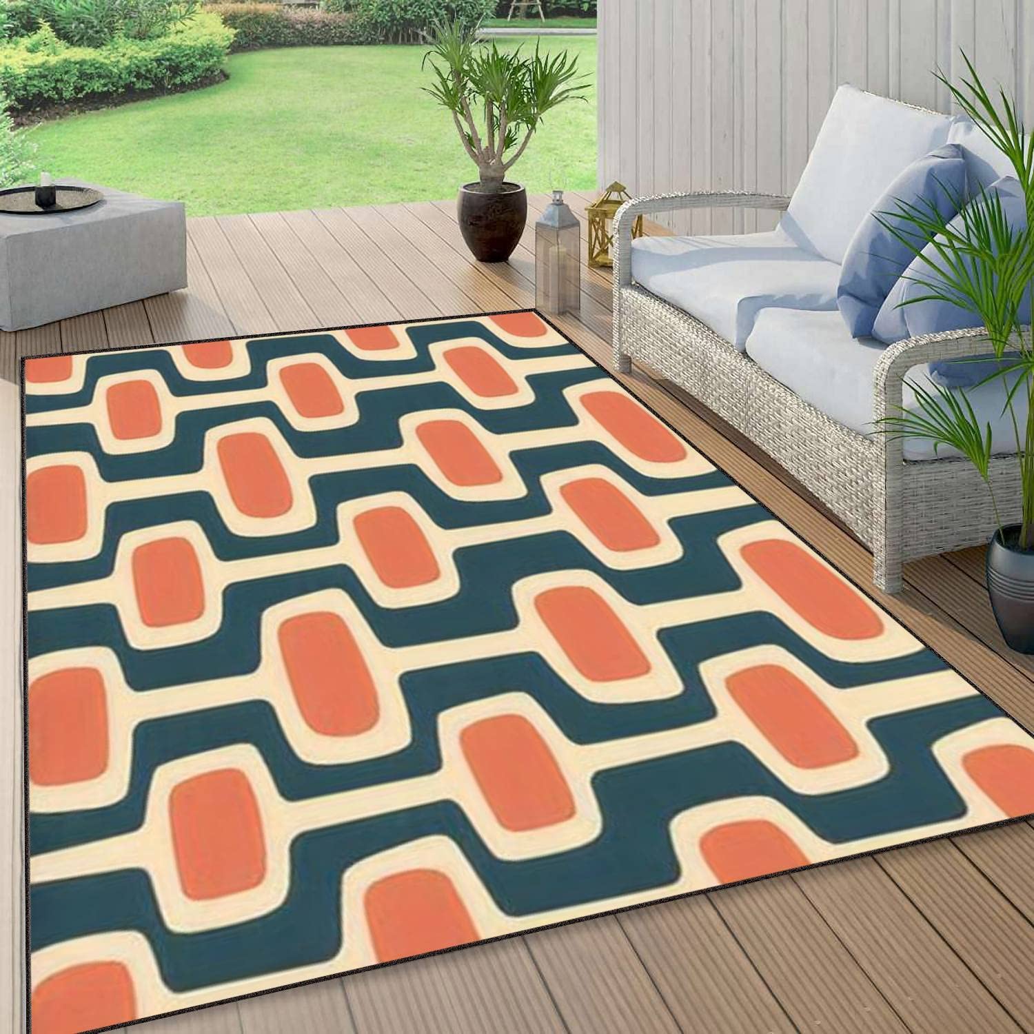 PeeNoke Mid Century Modern Atomic Age Blue Orange Cream Ideal for Fabric Area Rug Outdoor Patio Rug Play Mat Modern Floor Carpet Non-Slip Home Decor Living Room Kids Bedroom Nursery, 6x9 ft