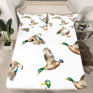 mallard duck bed sheet set hunting and fishing fitted sheet wild animal bedding set for boys girls kids wildlife white bed cover full size with 2 pillow case