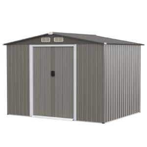 goplus outdoor storage shed, 8.5’ x 6.8’ x 6’ weather-resistant utility tool organizer w/foundation, 4 louvers, double doors & ramp, galvanized steel tool shed for garden, lawn, yard