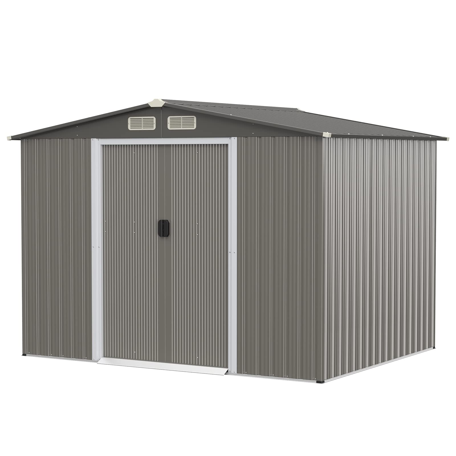 Goplus Outdoor Storage Shed, 8.5’ x 6.8’ x 6’ Weather-Resistant Utility Tool Organizer w/Foundation, 4 Louvers, Double Doors & Ramp, Galvanized Steel Tool Shed for Garden, Lawn, Yard