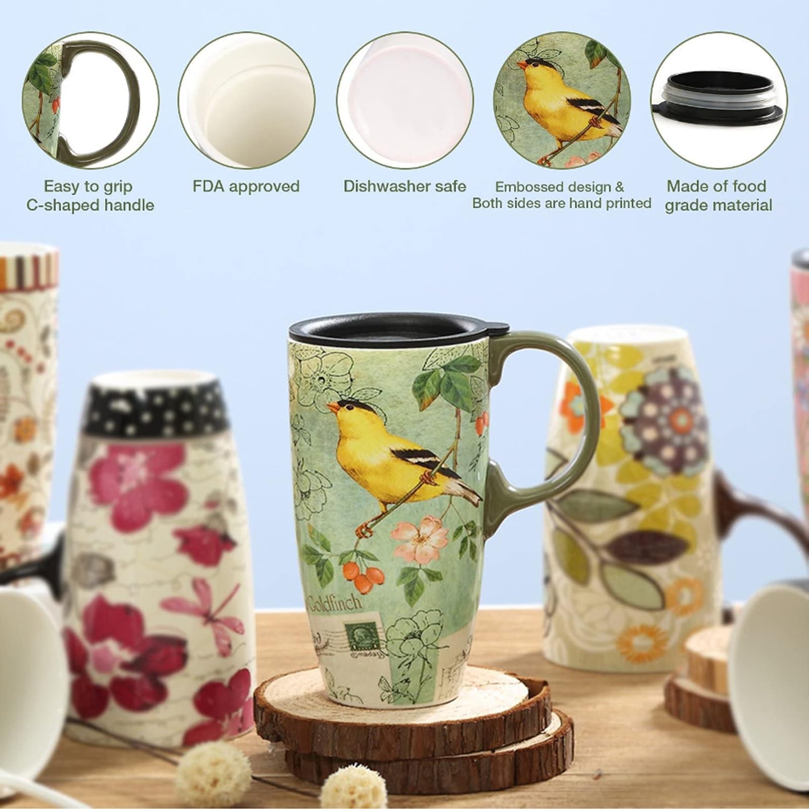 TZSSP Coffee Ceramic Mug Porcelain Latte Tea Cup Travel Mug With Lid 17oz,Song Bird