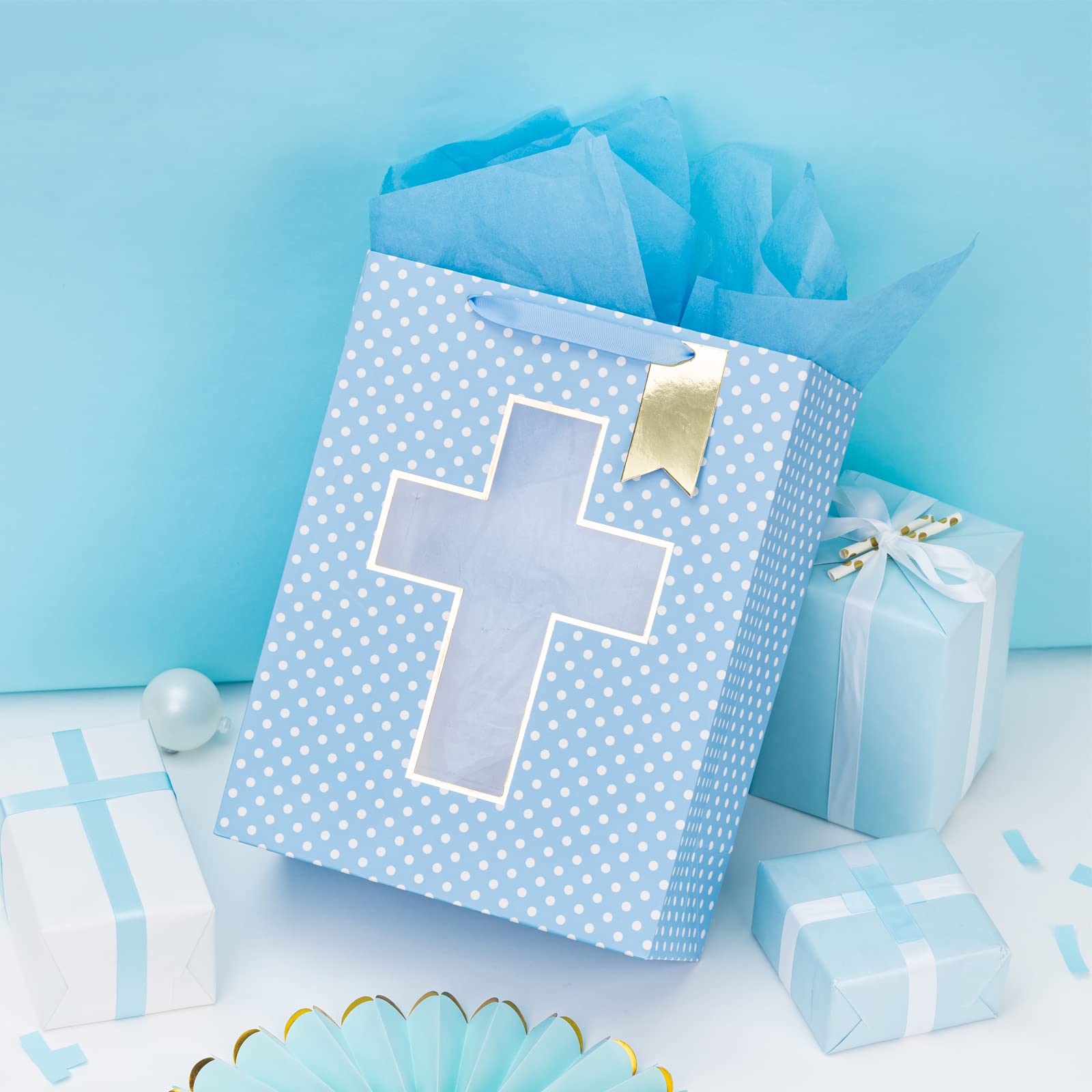 Loveinside Blue Gift Bag with Cross Design, Tissue Paper for Baby Boy Baptisms, Christenings, First Communions Religious Occasion- 10" x 5" x 13", 1 Pcs