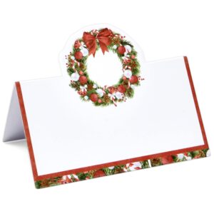 Gift Boutique 100 Pack Christmas Place Cards Holiday Seating Name Card Die Cut Xmas Wreath Table Setting Folded Paper Tent Cards for Dinner Wedding Tables Placement Party Decorations 2" x 3.5"