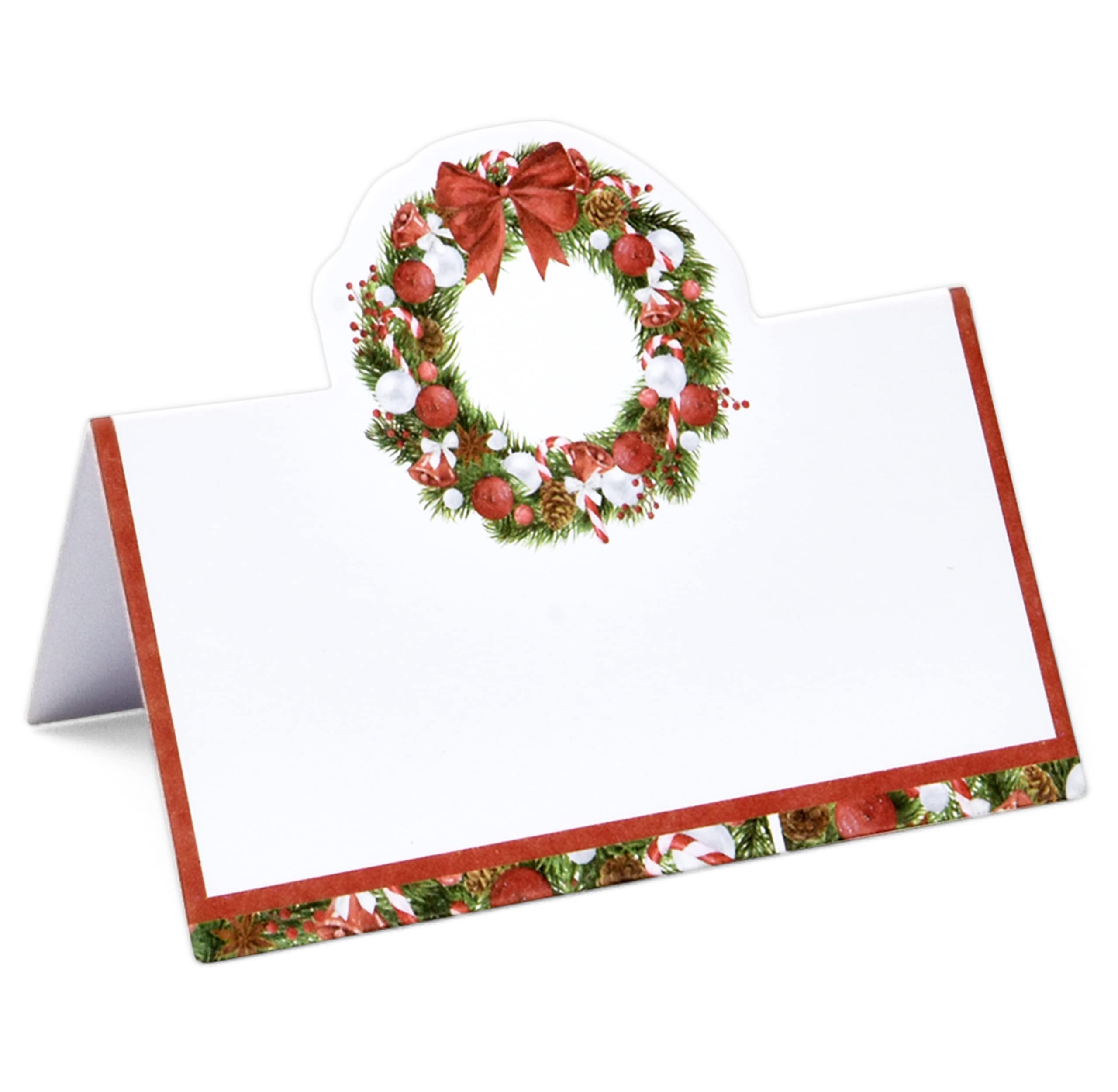 Gift Boutique 100 Pack Christmas Place Cards Holiday Seating Name Card Die Cut Xmas Wreath Table Setting Folded Paper Tent Cards for Dinner Wedding Tables Placement Party Decorations 2" x 3.5"