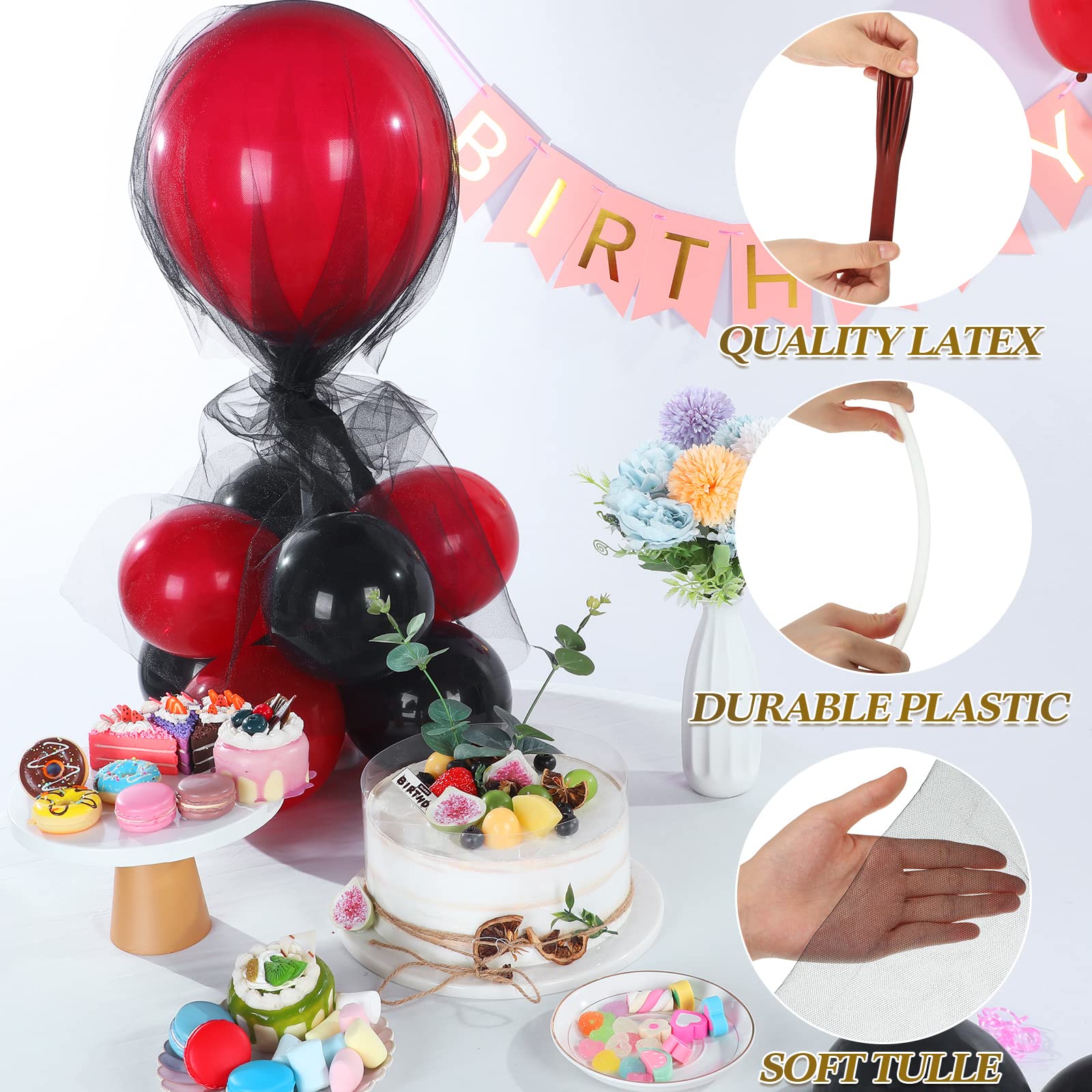 BBTO 8 Set, Black & Gold Balloon Centerpieces Kit with 128 Pcs Latex Balloons, Reusable Balloon Sticks, Tulle & Ribbons for Party Decoration