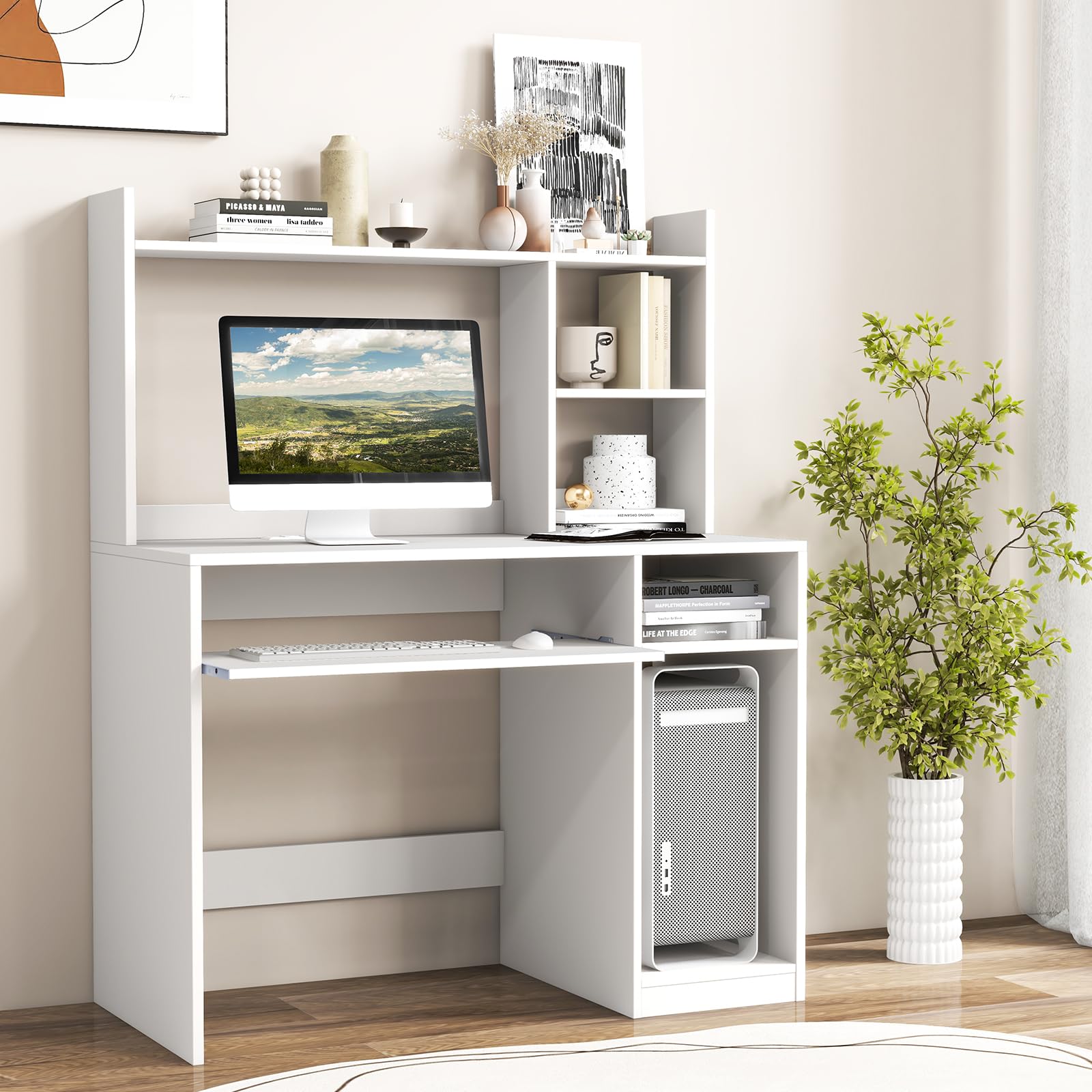 Tangkula White Desk with Hutch &Charging Station, Home Office Desk with Keyboard Tray & CPU Stand, Modern Laptop PC Desk, Space-Saving Writing Study Desk with Bookshelf, Ideal for Dorm Bedroom