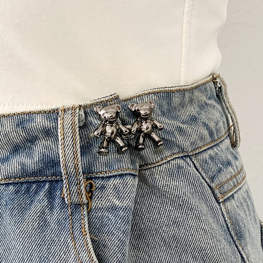 Thinslimer 8 Pairs Cute Bear Jeans Button Pins No Sew Detachable Waist Body Fit Tighten Buckles Perfect Girl's Gifts for Women Skirt Pant Jeans, Metal