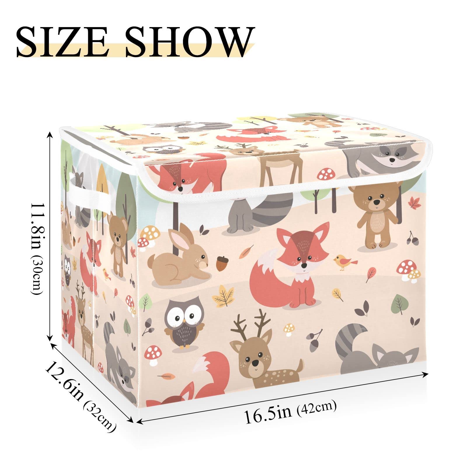 Large Collapsible Fabric Storage Bins with Lids 16.5*12.6*11.8in Cute Woodland Forest Animals Deer Rabbit Bear Fox Raccoon Bird Owl Foldable Storage Boxes Organizer Containers Baskets Cube for Shelves