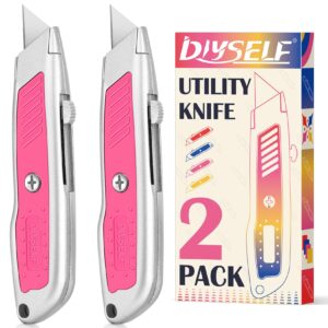 diyself 2 pack box cutter, aluminum utility knife, box cutter retractable, sturdy razor knife for cardboard, boxes, packages, papers, cartons, box cutter knife, navajas de trabajo, pink knife