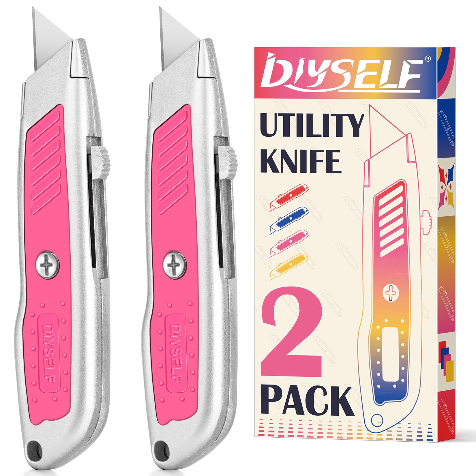 DIYSELF 2 Pack Box Cutter, Aluminum Utility Knife, Box Cutter Retractable, Sturdy Razor Knife for Cardboard, Boxes, Packages, Papers, Cartons, Box Cutter Knife, Navajas de Trabajo, Pink Knife