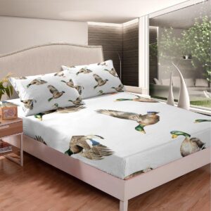 Mallard Duck Bed Sheet Set Hunting and Fishing Fitted Sheet Wild Animal Bedding Set for Boys Girls Kids Wildlife White Bed Cover Full Size with 2 Pillow Case