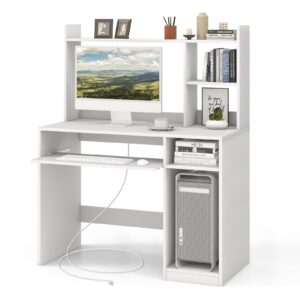 tangkula white desk with hutch &charging station, home office desk with keyboard tray & cpu stand, modern laptop pc desk, space-saving writing study desk with bookshelf, ideal for dorm bedroom