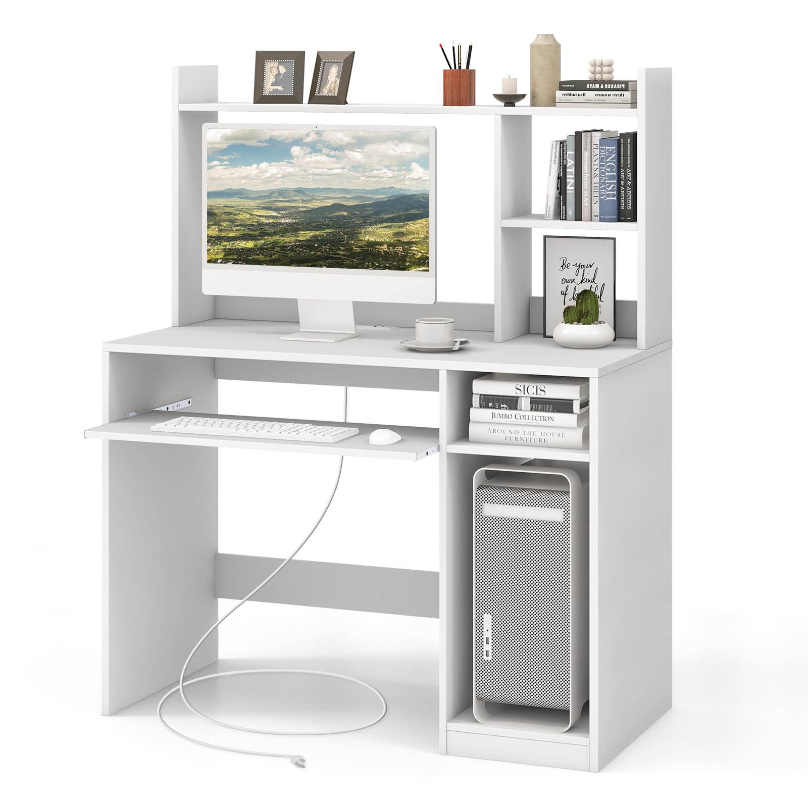 Tangkula White Desk with Hutch &Charging Station, Home Office Desk with Keyboard Tray & CPU Stand, Modern Laptop PC Desk, Space-Saving Writing Study Desk with Bookshelf, Ideal for Dorm Bedroom