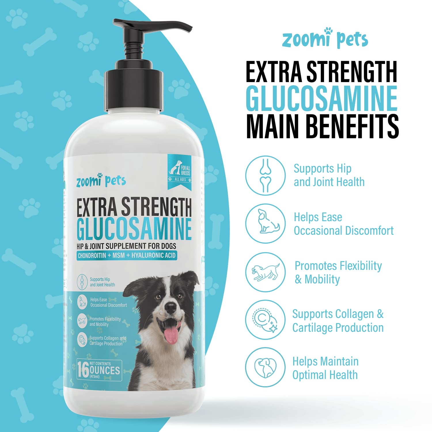 Zoomi Pets Liquid Glucosamine for Dogs (16oz) - Hip and Joint Supplement with Hyaluronic Acid, MSM, Manganese & Glucosamine Chondroitin for Dogs - Dog Joint Supplement Large Breed, Medium & Small Dogs