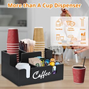 Disposable Coffee Cup Dispenser Lid Holder for Counter, Wood 6 Compartments Coffee Station Organizer for Cup Lid Sleeve Pods Condiment, Paper Cup Dispenser Coffee Bar Accessories Storage Organizer