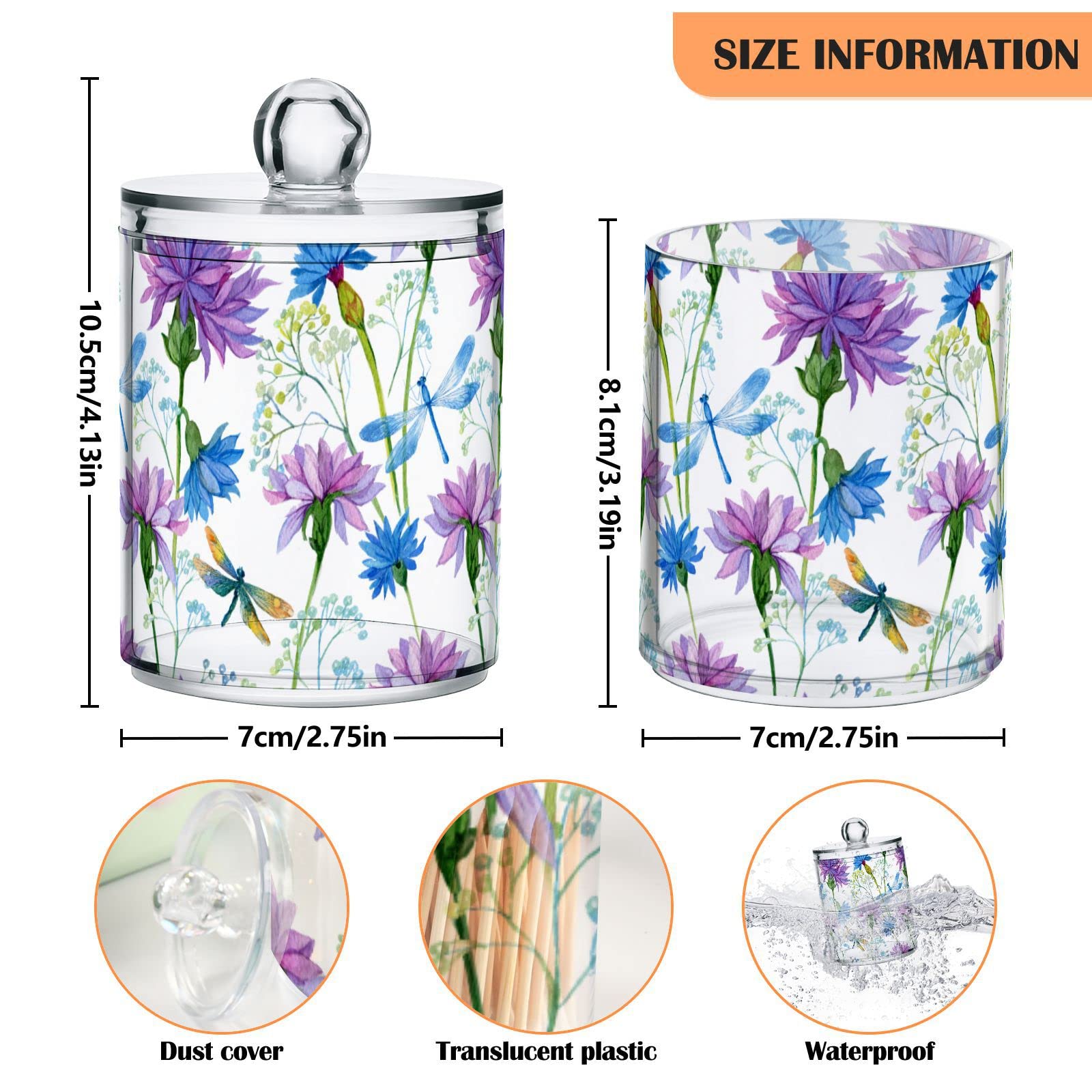 4 Pack Qtip Dispenser Apothecary Jars Bathroom Organizer, Watercolor Blue Flowers Dragonflies Qtip Holder Storage Canister Plastic Acrylic Jar for Cotton Ball/Swab/Rounds